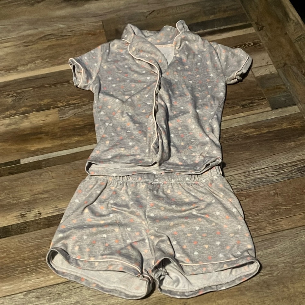 Laura Ashley Gray Pajama Set with Pink and Orange Hearts
